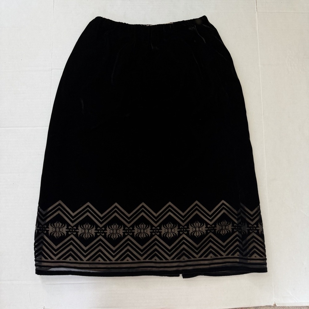 VTG Victor Costa Black Velvet Midi Skirt Womens S Whimsigoth‎ Vamp Sheer Hem